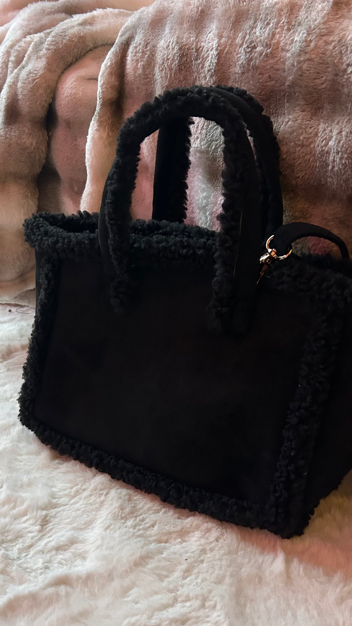 Faux Suede & Boucle Trim Winter Shoulder Bag