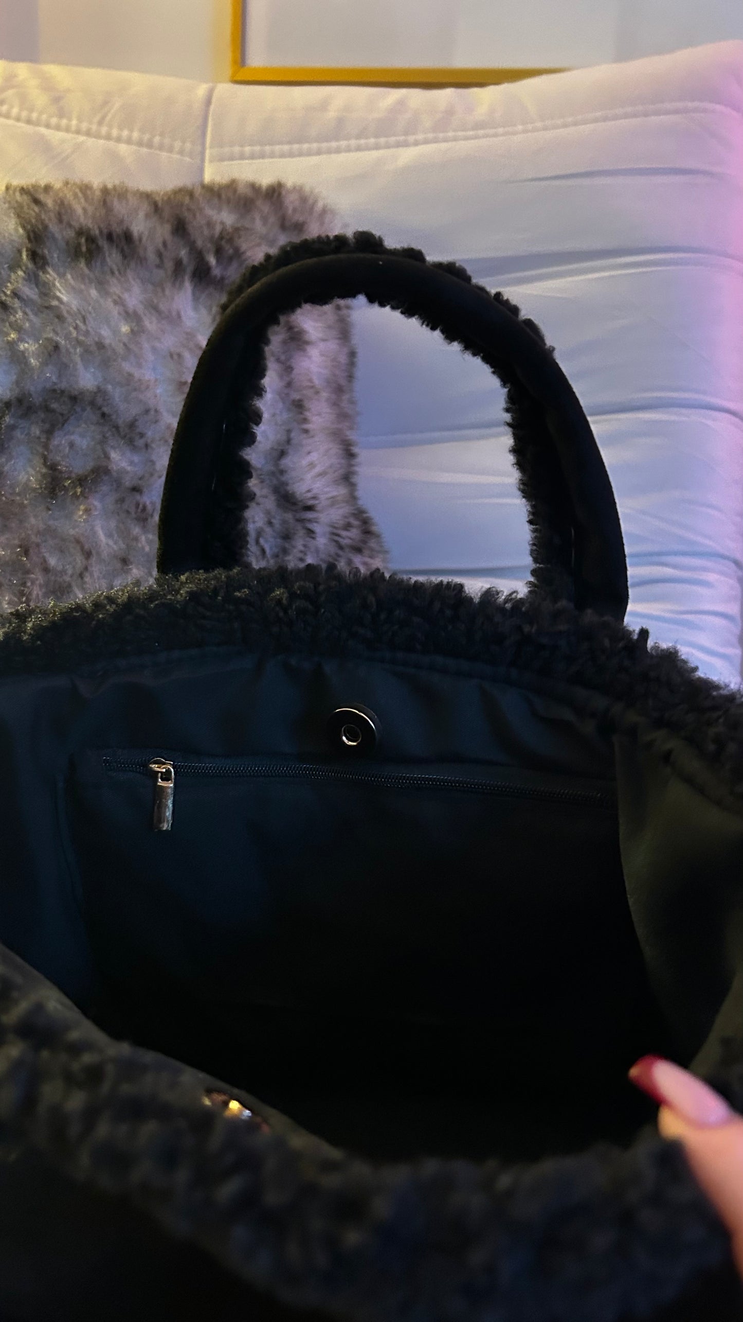 Faux Suede & Boucle Trim Winter Shoulder Bag