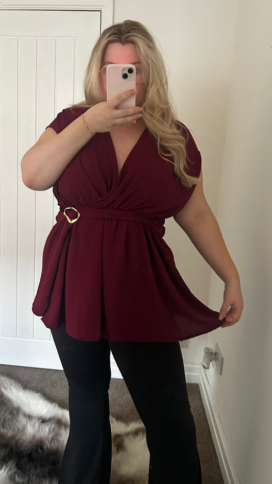 Flowy Style Buckle Tie Detail V Neck Blouse