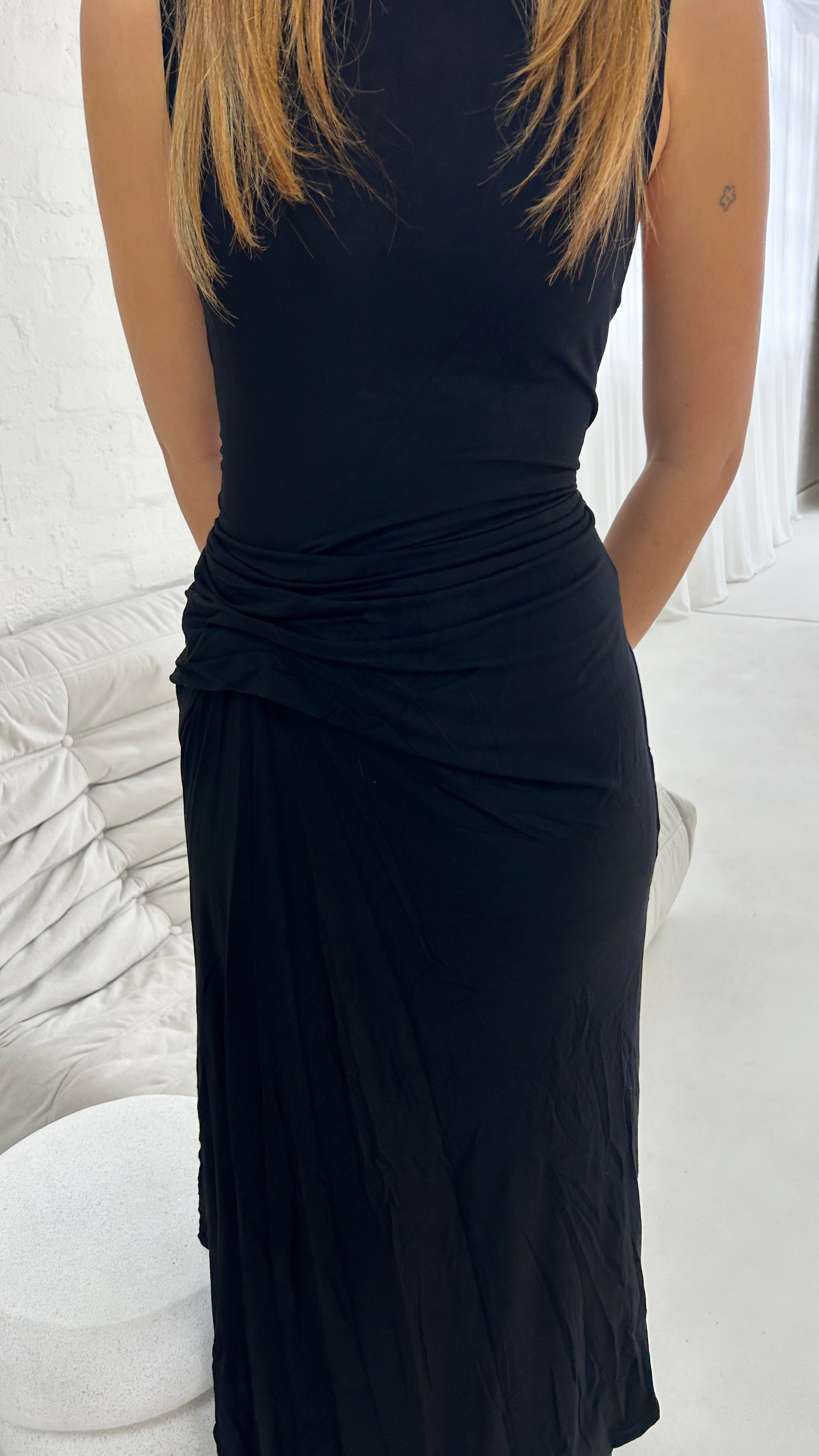 THE DESIRE - Mock Neck Twist Detail Asymmetrical Midi Dress The Blonde Finds THE DESIRE - Mock Neck Twist Detail Asymmetrical Midi Dress The Blonde Finds