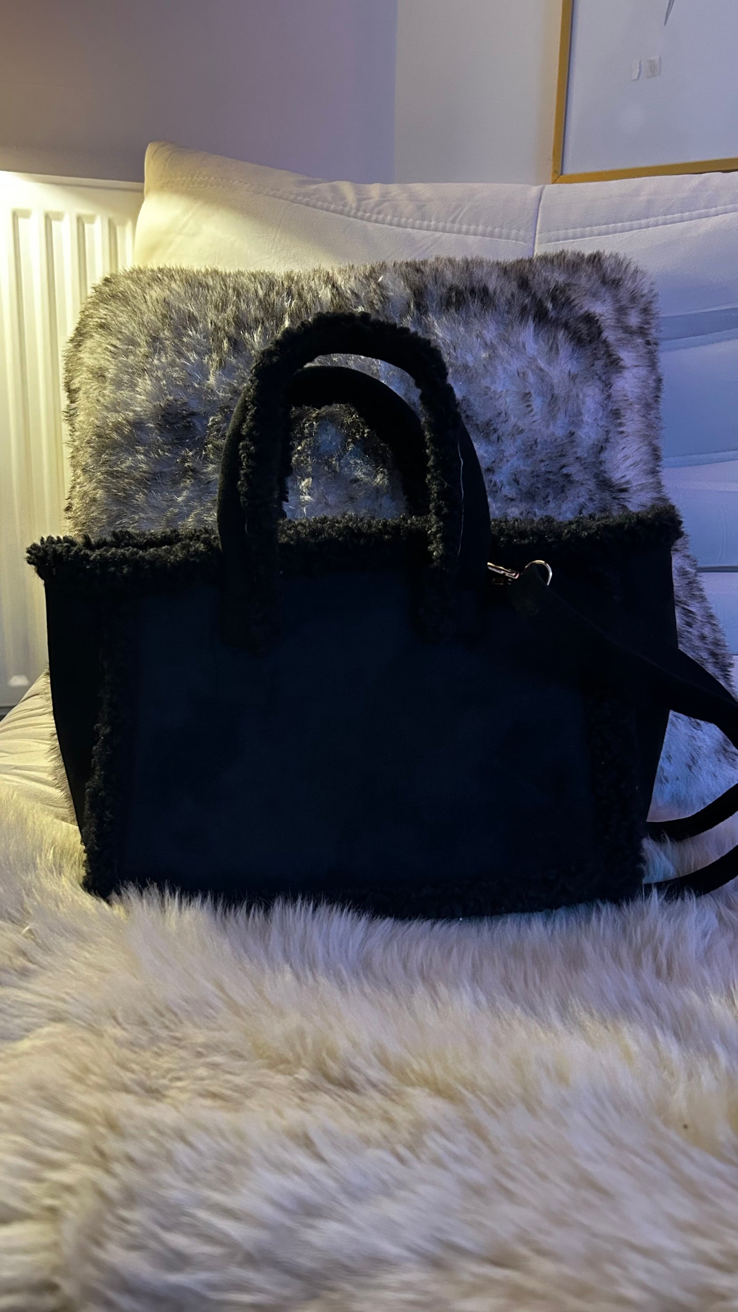 Faux Suede & Boucle Trim Winter Shoulder Bag