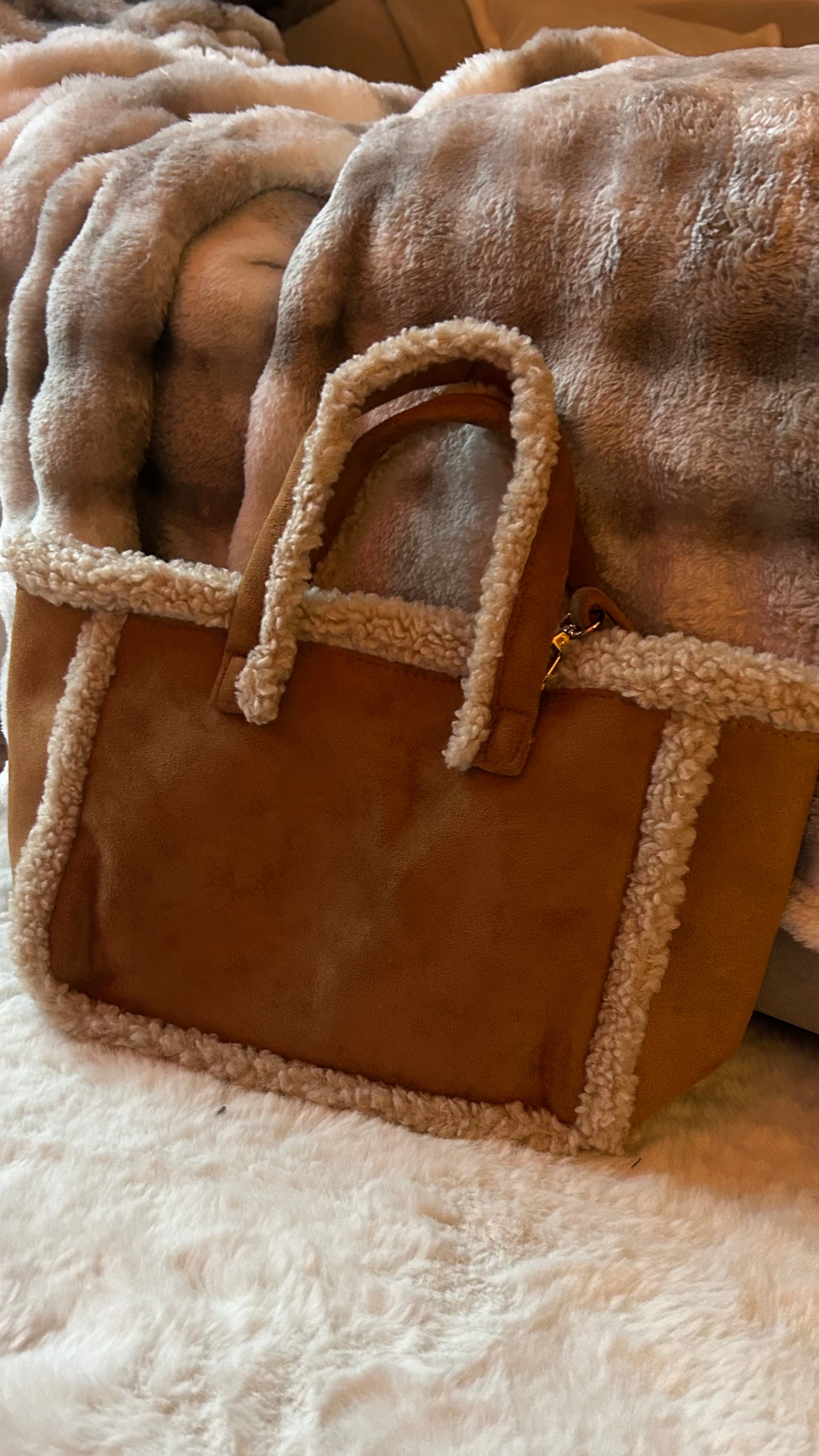 Faux Suede & Boucle Trim Winter Shoulder Bag