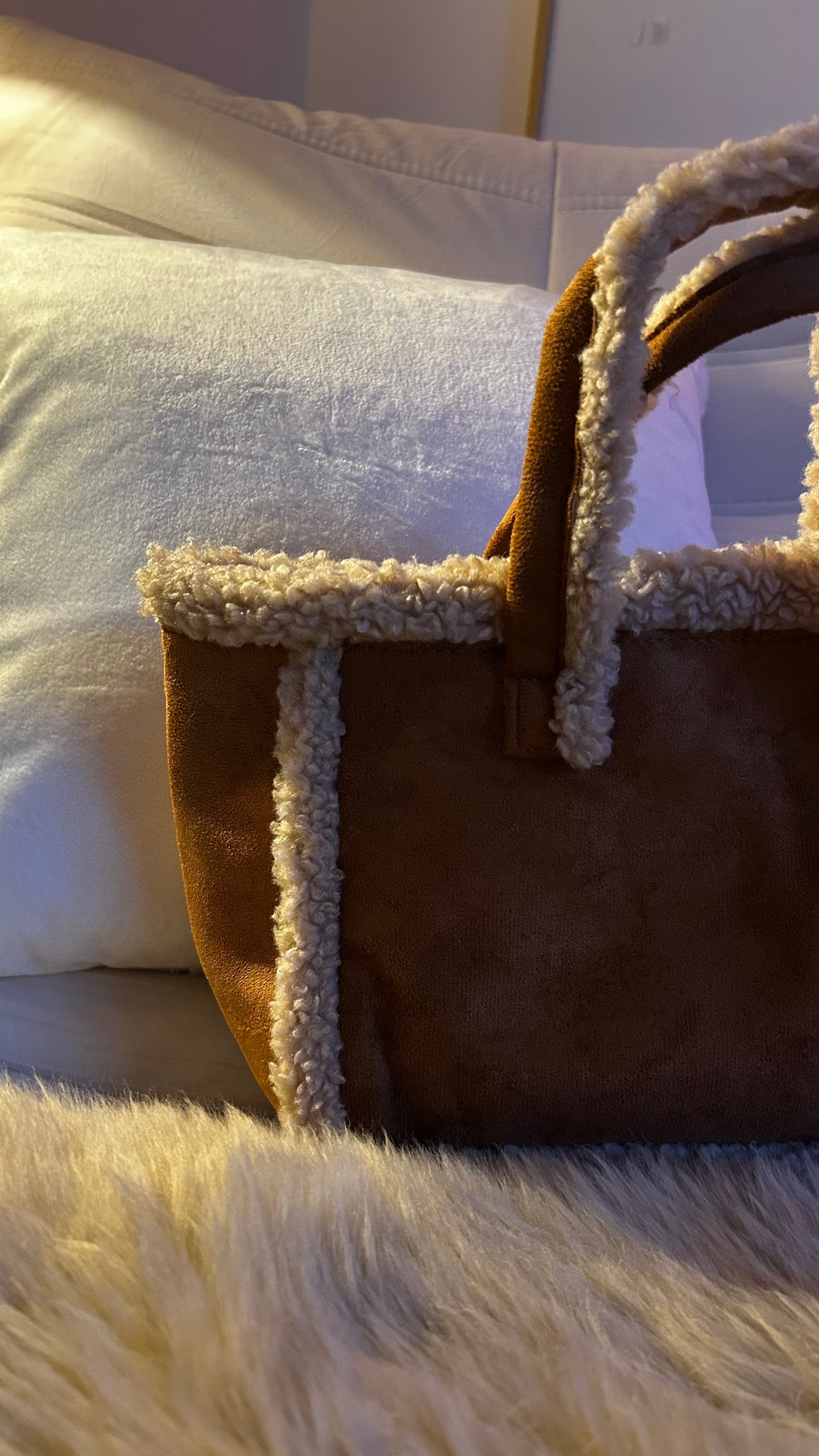 Faux Suede & Boucle Trim Winter Shoulder Bag