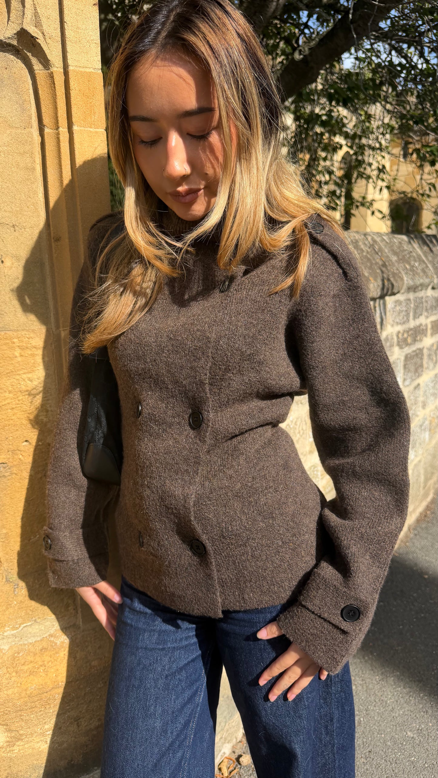Funnel Neck Wool Melange Belted Jacket