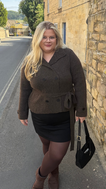 Funnel Neck Wool Melange Belted Jacket