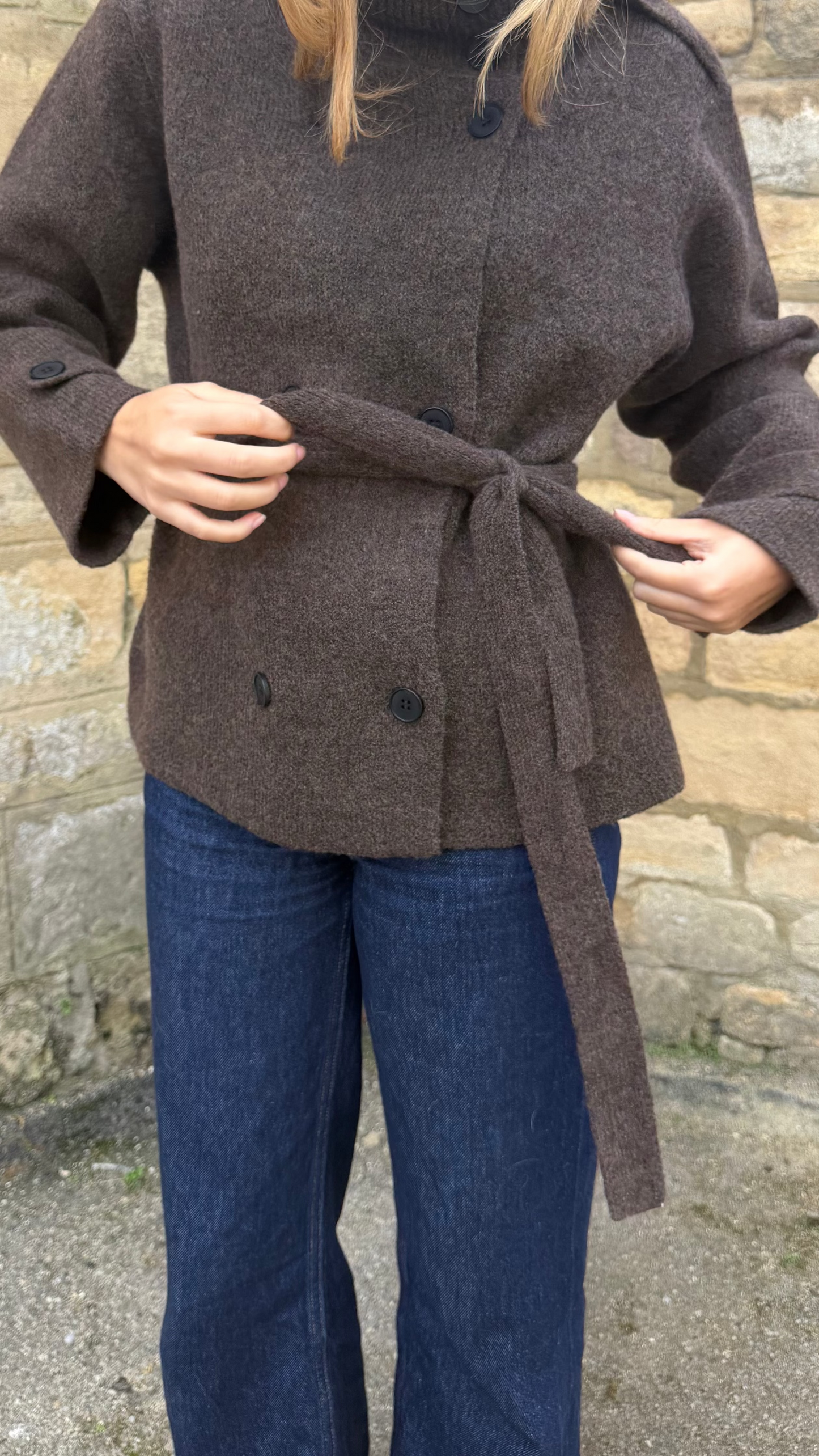 Funnel Neck Wool Melange Belted Jacket