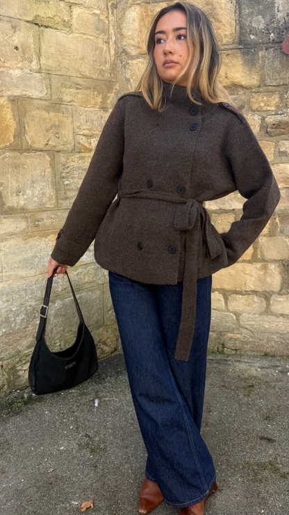 Funnel Neck Wool Melange Belted Jacket