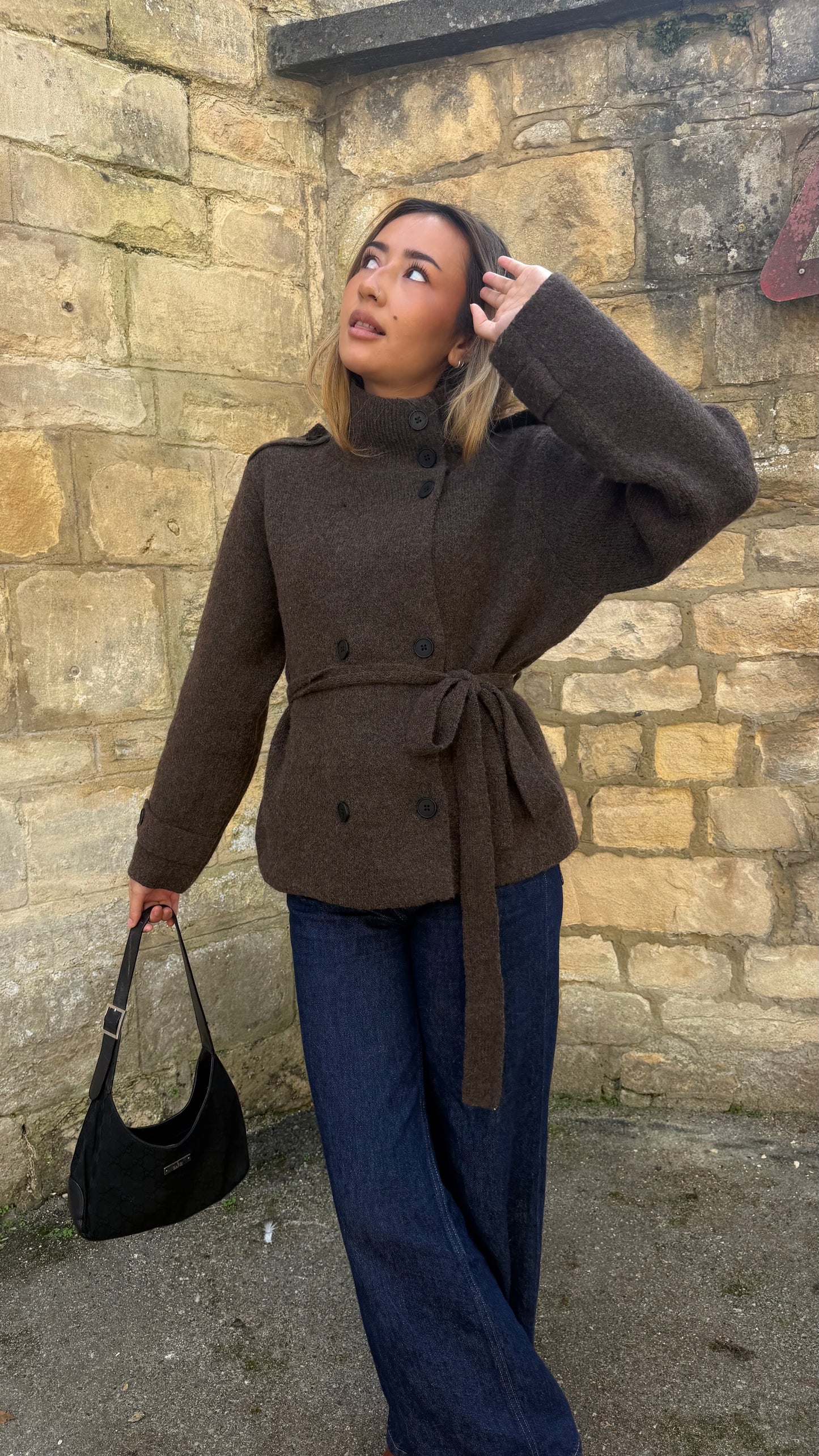 Funnel Neck Wool Melange Belted Jacket